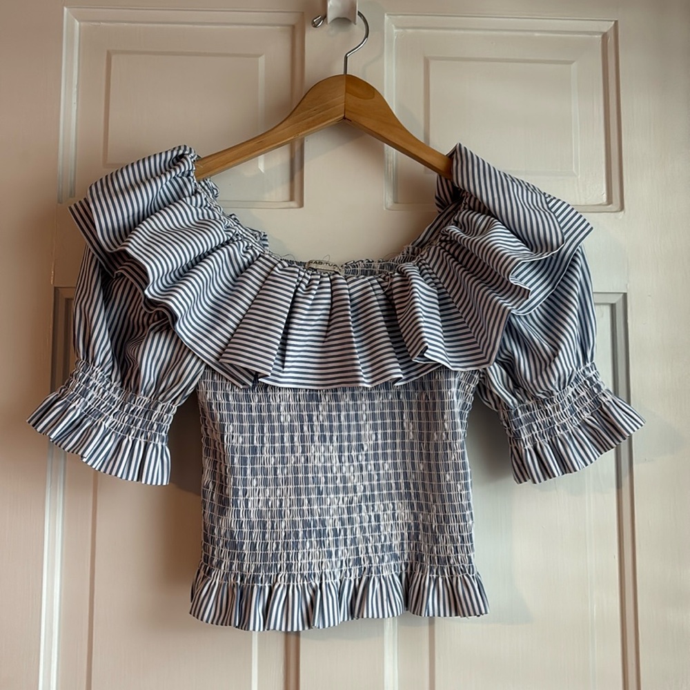 EUC Habitual Kids blue & white smocked ruffle top. Size 14